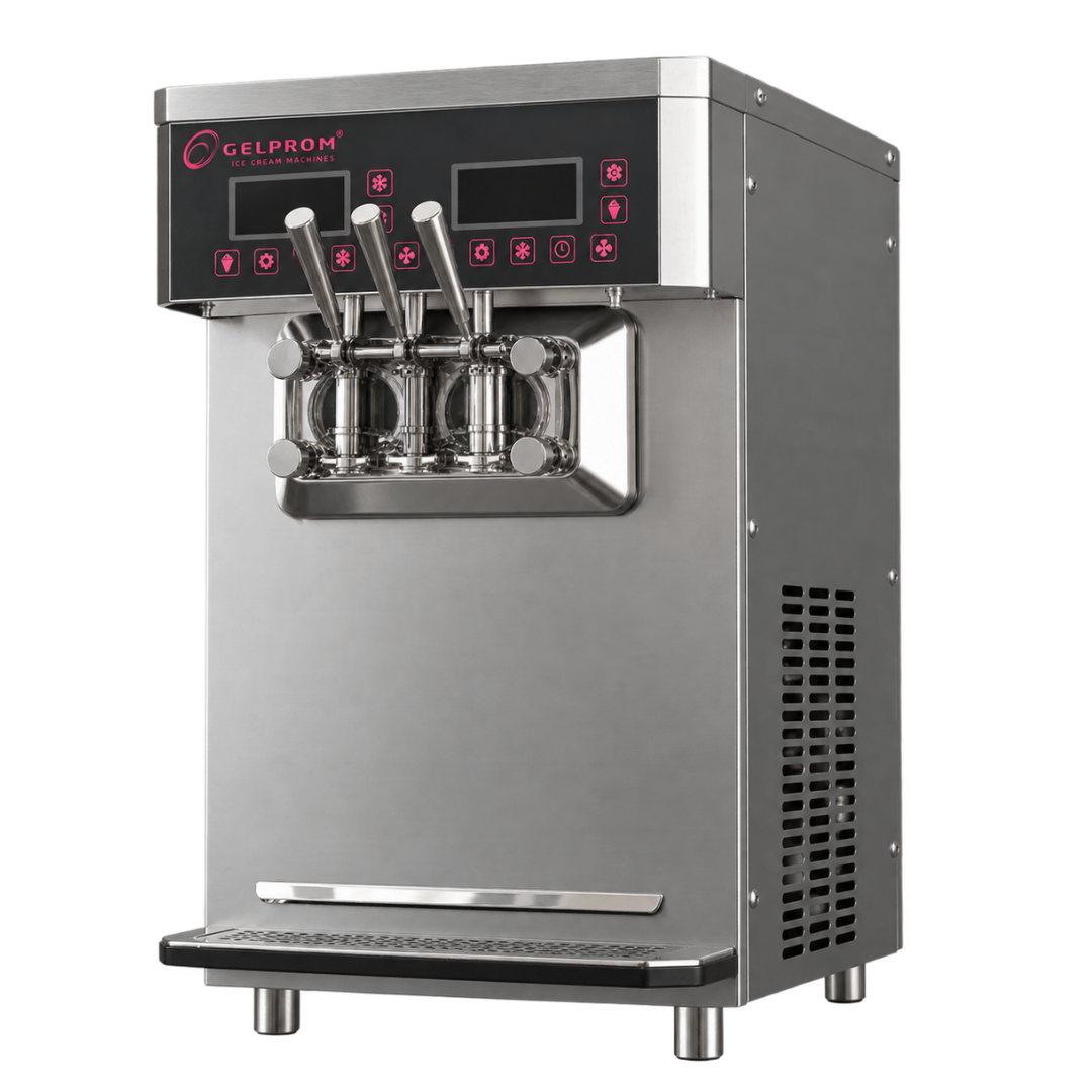 Máquina profesional de helado suave GP300DC/T – sobremesa, doble sistema, 2 sabores + mix