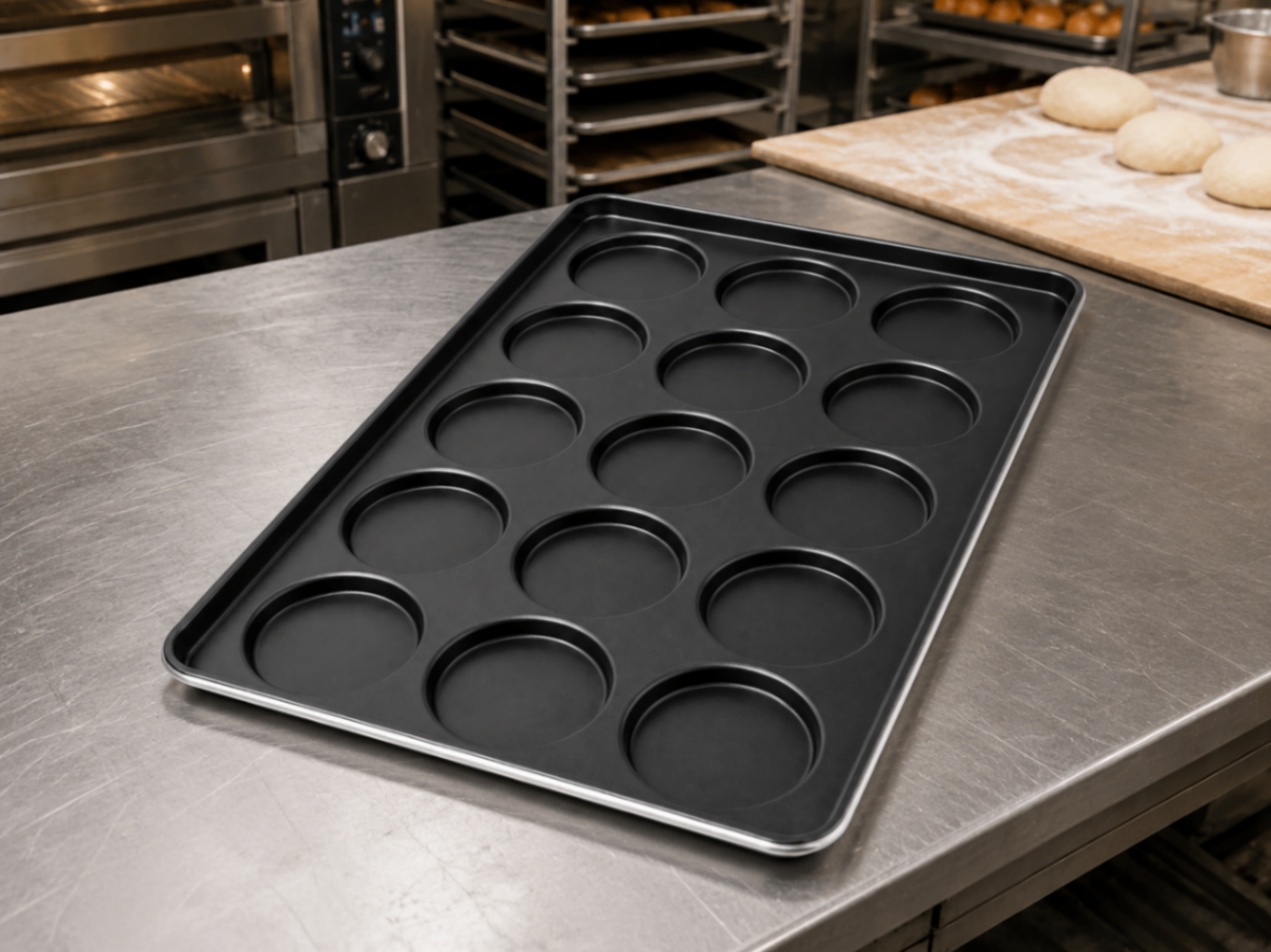 Bandeja Profesional para Pan de Hamburguesa 15 Cavidades Ø102 mm | Acero Aluminizado y Teflón TS1605