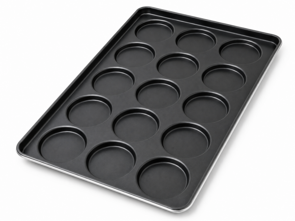 Bandeja Profesional para Pan de Hamburguesa 15 Cavidades Ø100 mm | Acero Aluminizado y Teflón TS3200