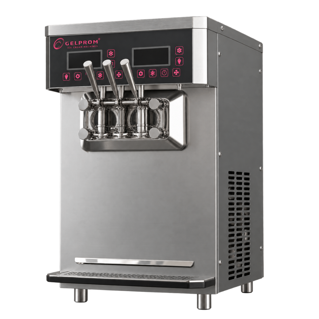 Máquina profesional de helado suave GP300DC/T-D – doble sistema, 2 sabores + mix, Defrost
